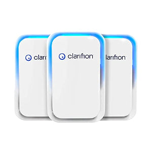 Clarifion Air Ionizers 3-pack set showing sleek white portable air purifiers